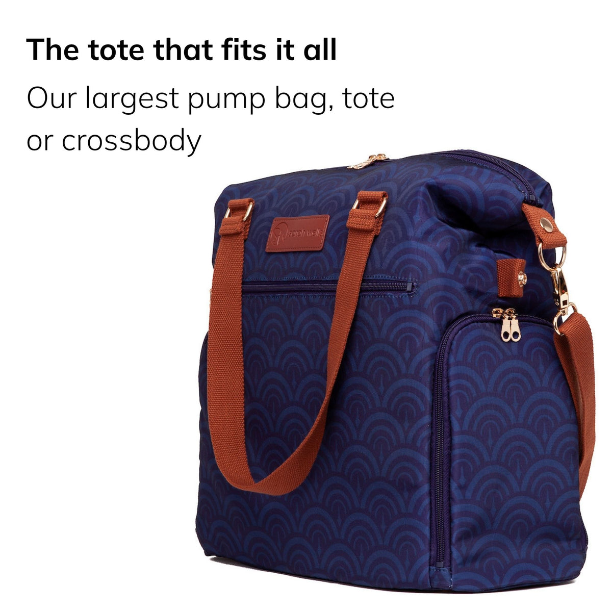 Sarah Wells Lizzy pump tote in Deco, three-quarter view, with the headline "The tote that fits it all" and subhead "Our largest pump bag, tote or crossbody"