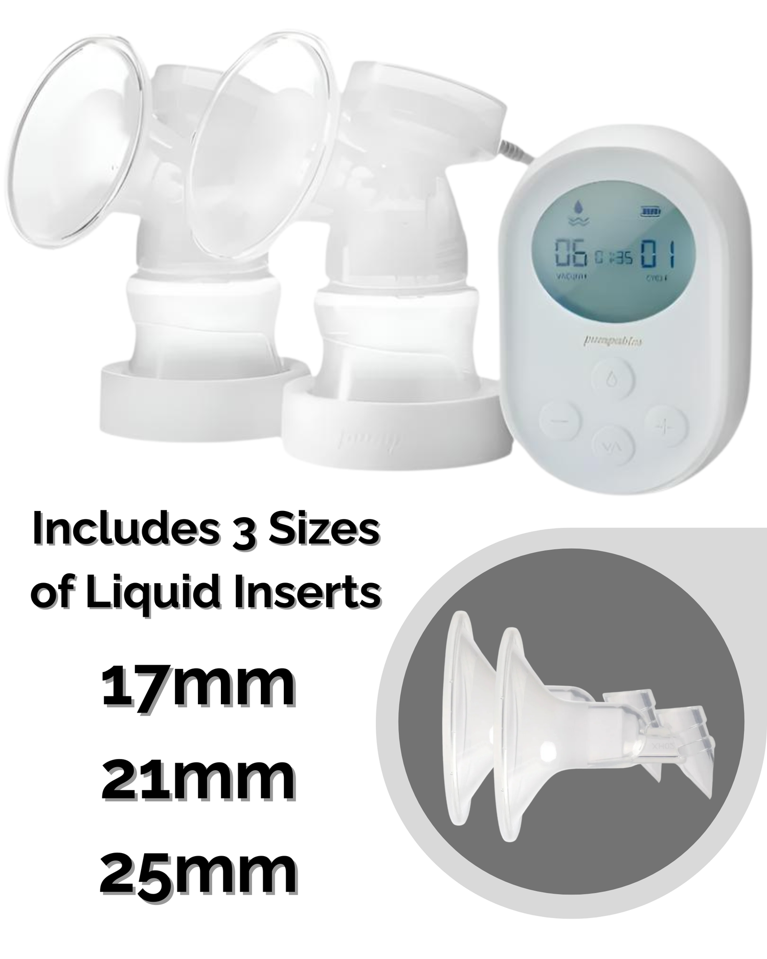 Pumpables Genie Advanced Portable Breast Pump with 17, 21, 25mm Inserts & Liquid Shields (2)