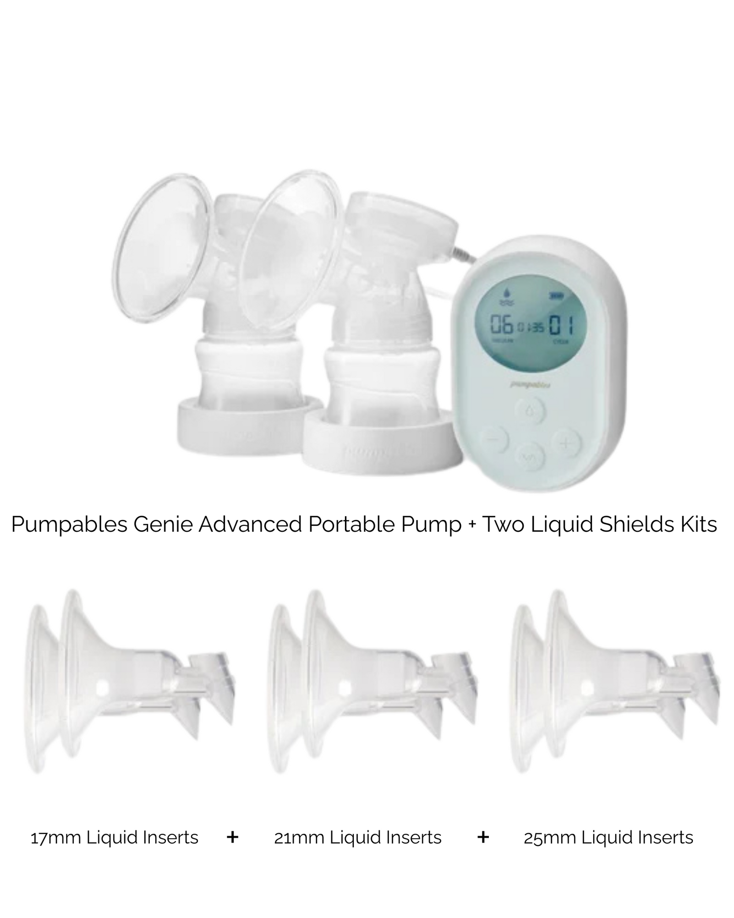 Pumpables Genie Advanced Portable Breast Pump with 17, 21, 25mm Inserts & Liquid Shields (2)
