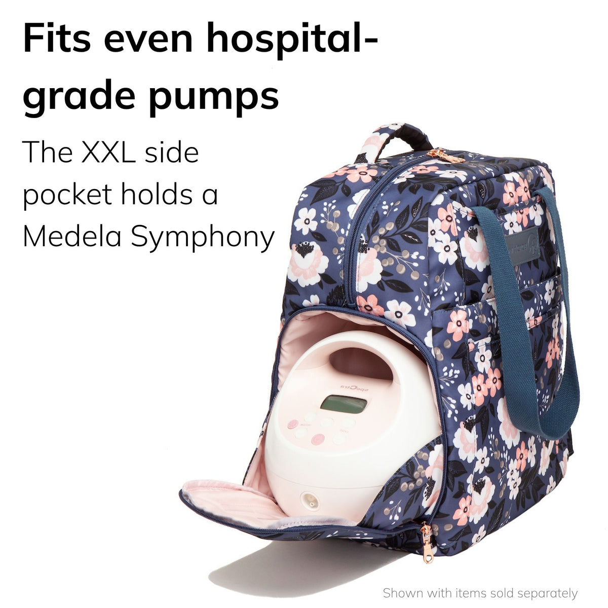 Sarah Wells Kelly pump bag in le floral with a pump in the large side pocket, headline "Fits even hospital-grade pumps," subhead "The XXL side pocket holds a Medela Symphony"