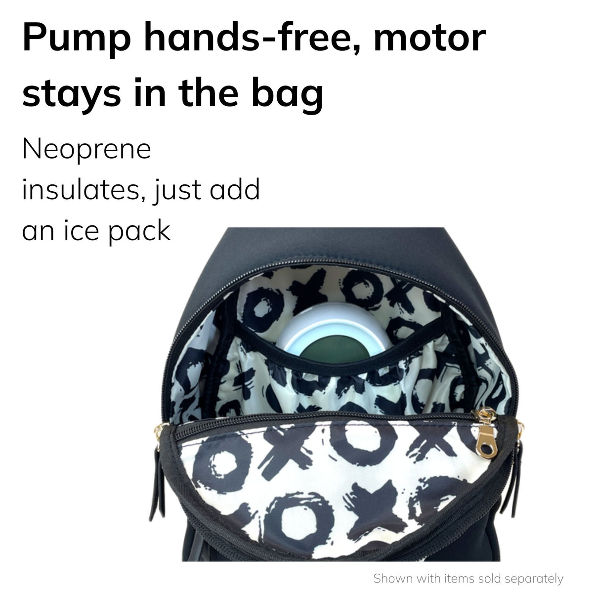 Sarah Wells Allie pump sling in Black worn with the pump motor inside, headline "Pump hands-free, motor stays in the bag," subhead "Neoprene insulates, just add an ice pack"