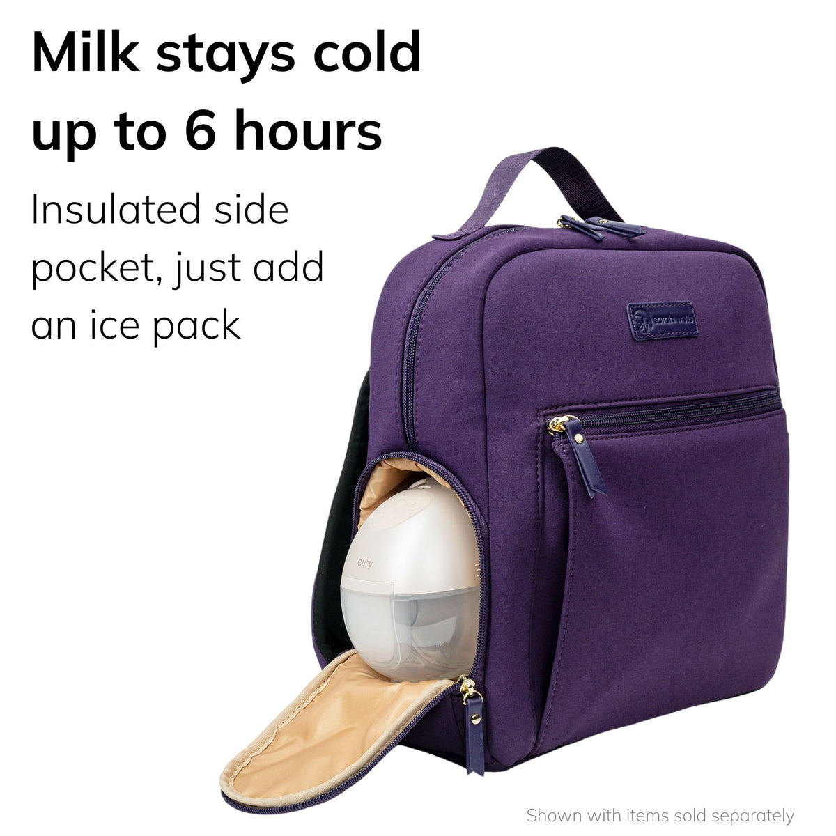 Sarah Wells Fifi mini pump backpack in Purple with bottles in the insulated side pocket, headline "Milk stays cold up to 6 hours"