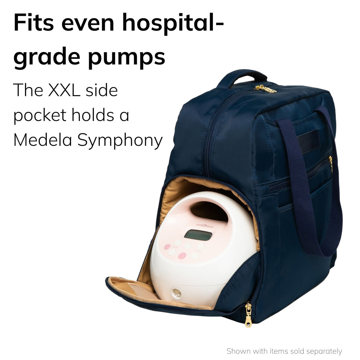Sarah Wells Kelly pump bag in Indigo with a pump in the large side pocket, headline "Fits even hospital-grade pumps," subhead "The XXL side pocket holds a Medela Symphony"