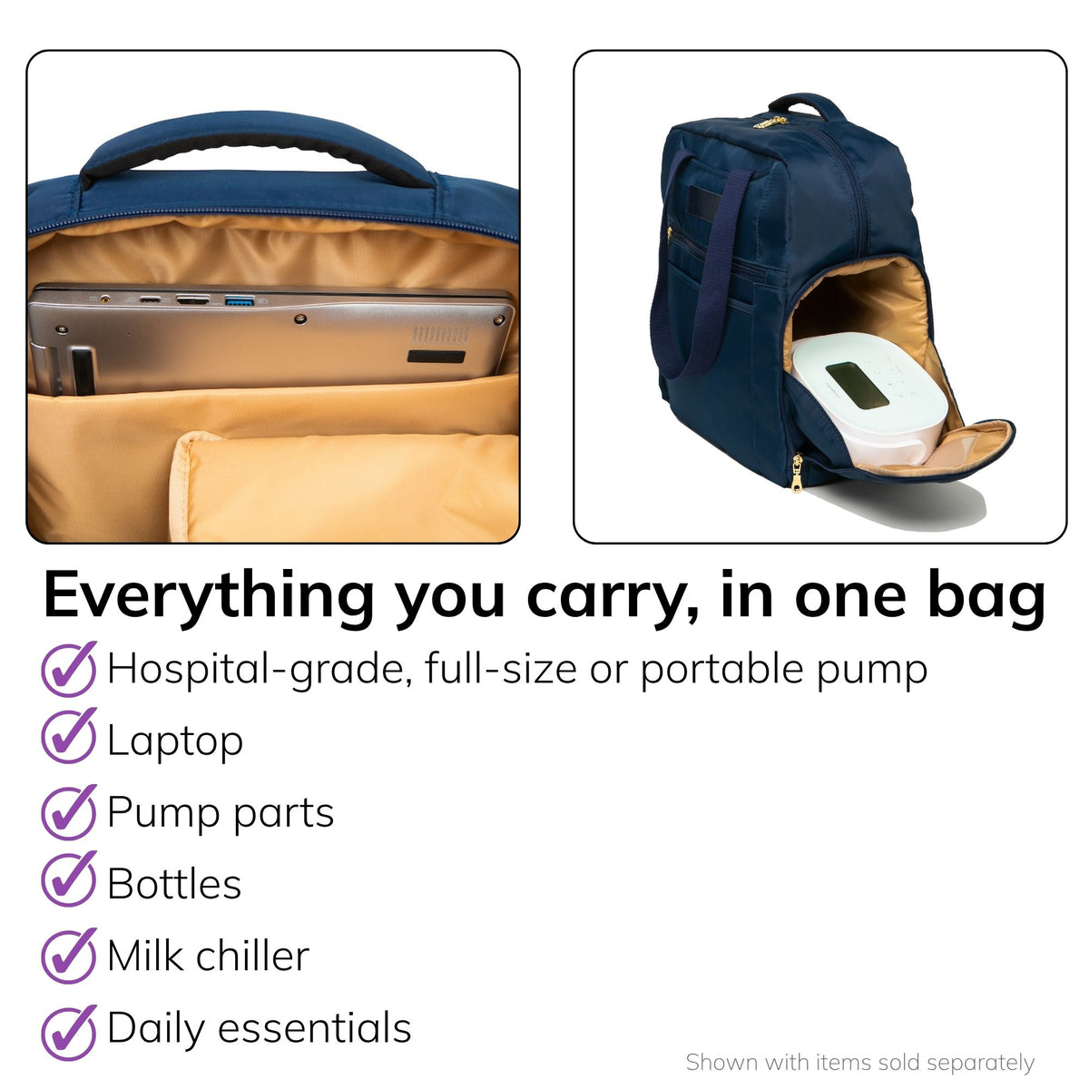 Interior of the Sarah Wells Kelly pump bag in Indigo, fits a hospital-grade, full-size, or portable pump, laptop, pump parts, bottles, milk chiller, and daily essentials