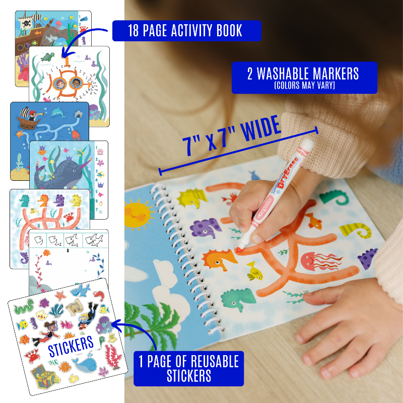 Small 7" Dry Erase Activity Book (incl. 2 Washable Markers &amp; Reusable Stickers)