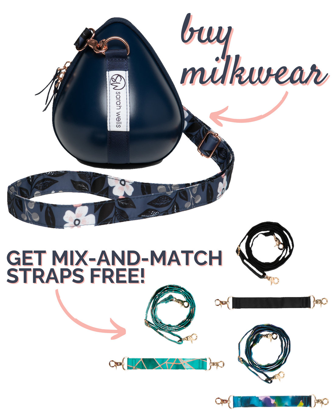 Milkwear Case for Wearable Pumps (Navy/Le Floral) and All 3 Additional Straps