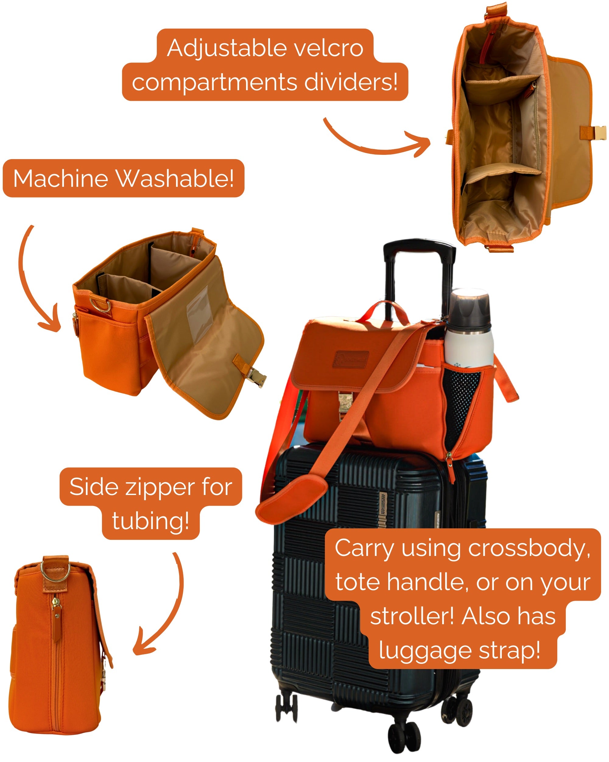 Sarah Wells Deluxe Stroller Caddy Organizer – Insulated, Machine-Washable with Crossbody Strap, Storage Pockets &amp; Luggage Sleeve