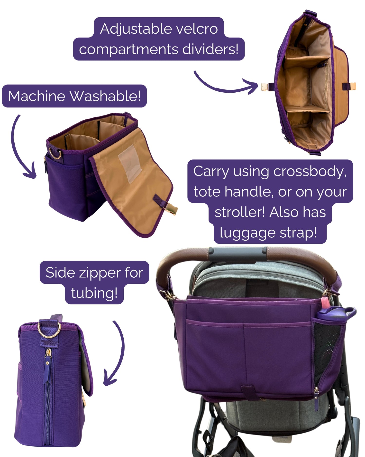 Sarah Wells Deluxe Stroller Caddy Organizer – Insulated, Machine-Washable with Crossbody Strap, Storage Pockets &amp; Luggage Sleeve