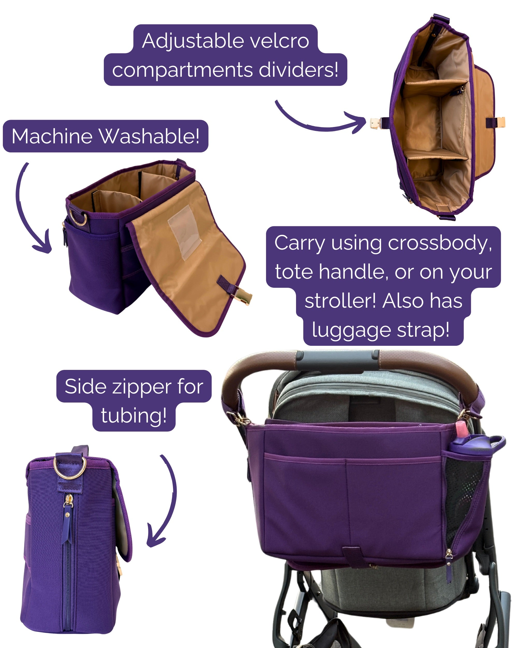 Sarah Wells Deluxe Stroller Caddy Organizer – Insulated, Machine-Washable with Crossbody Strap, Storage Pockets &amp; Luggage Sleeve