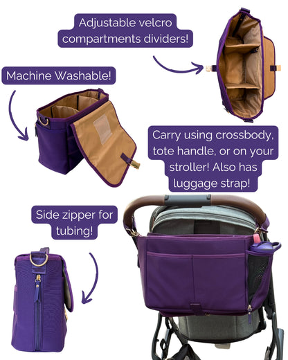 Sarah Wells Deluxe Stroller Caddy Organizer – Insulated, Machine-Washable with Crossbody Strap, Storage Pockets &amp; Luggage Sleeve