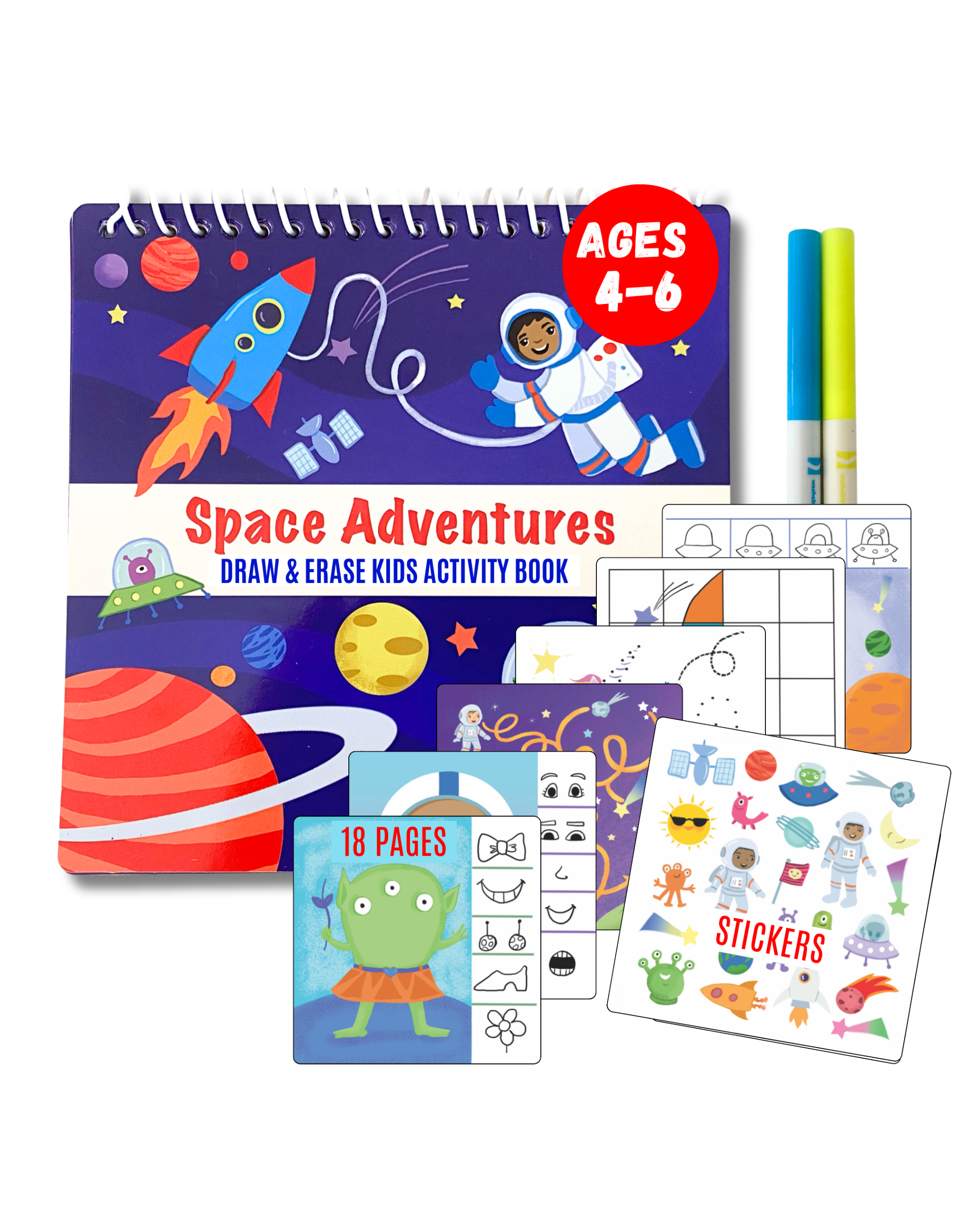 Small 7" Dry Erase Activity Book (incl. 2 Washable Markers &amp; Reusable Stickers)