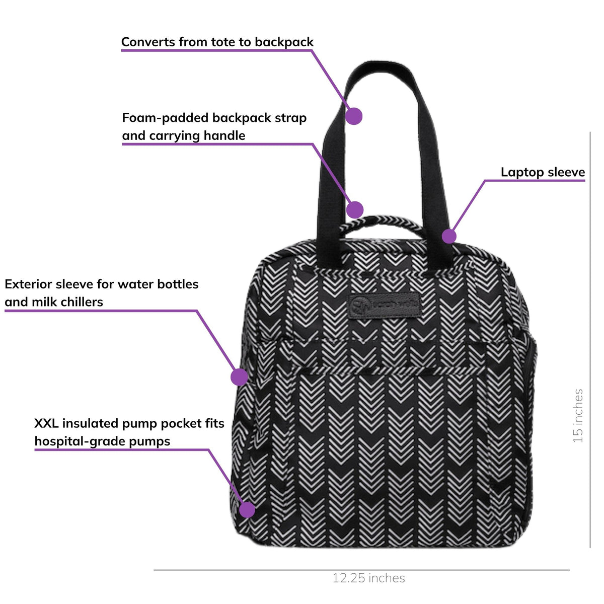 Sarah Wells Kelly pump bag in Black &amp; White, front view, labeled with an XXL side pocket that fits hospital-grade pumps, a laptop sleeve, an insulated pump pocket, tote-to-backpack conversion, and foam-padded straps; 15"H x 12.25"W x 7"D