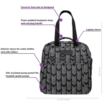 Sarah Wells Kelly pump bag in Black &amp; White, front view, labeled with an XXL side pocket that fits hospital-grade pumps, a laptop sleeve, an insulated pump pocket, tote-to-backpack conversion, and foam-padded straps; 15"H x 12.25"W x 7"D