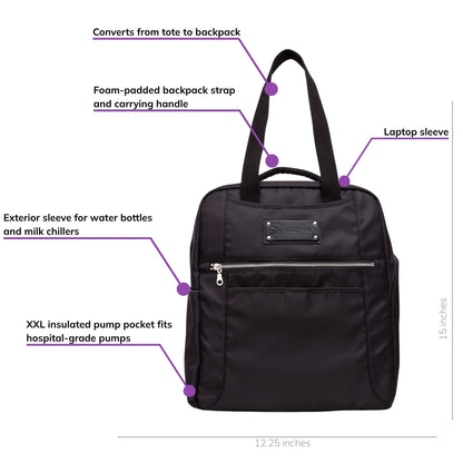 Sarah Wells Kelly pump bag in Black, front view, labeled with an XXL side pocket that fits hospital-grade pumps, a laptop sleeve, an insulated pump pocket, tote-to-backpack conversion, and foam-padded straps; 15"H x 12.25"W x 7"D