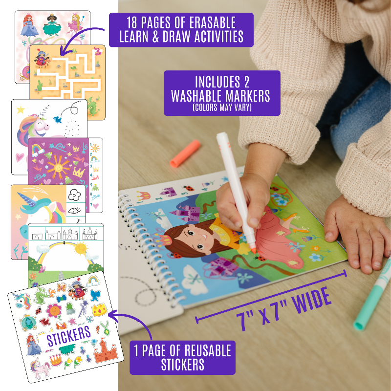 Small 7" Dry Erase Activity Book (incl. 2 Washable Markers &amp; Reusable Stickers)