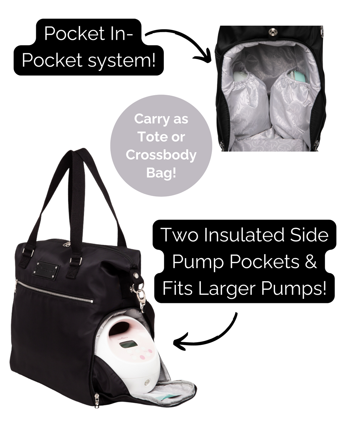 Chic Black Pump Bag with Trio Organizer, Ice Pack and Wet/Dry Bag