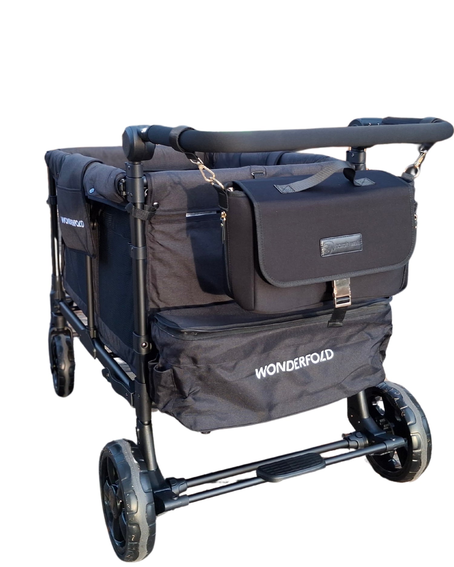 Sarah Wells Deluxe Stroller Caddy Organizer – Insulated, Machine-Washable with Crossbody Strap, Storage Pockets &amp; Luggage Sleeve