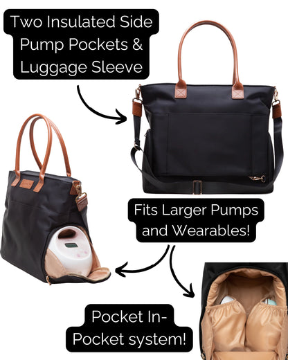 Sarah Wells Abby Breast Pump Tote – Real Leather Straps – Insulated Pockets, Laptop Storage &amp; Easy-Clean Interior