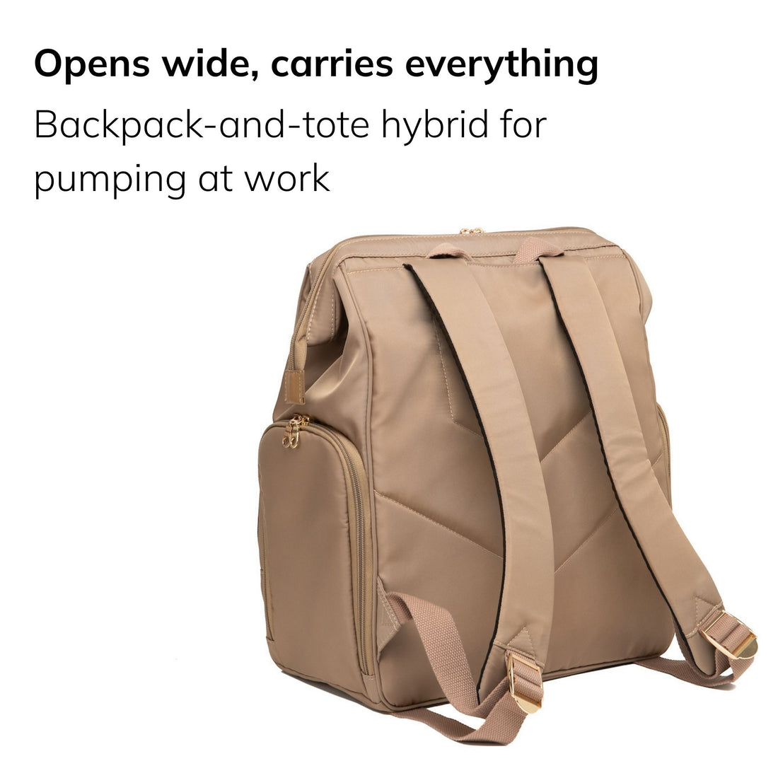 Sarah Wells Norah pump backpack in latte, three-quarter view, with the headline "Opens wide, carries everything" and subhead "Backpack-and-tote hybrid for pumping at work