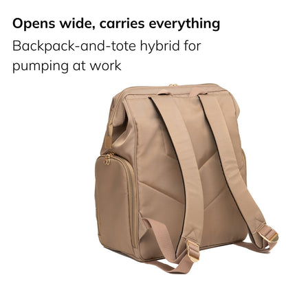 Sarah Wells Norah pump backpack in latte, three-quarter view, with the headline "Opens wide, carries everything" and subhead "Backpack-and-tote hybrid for pumping at work