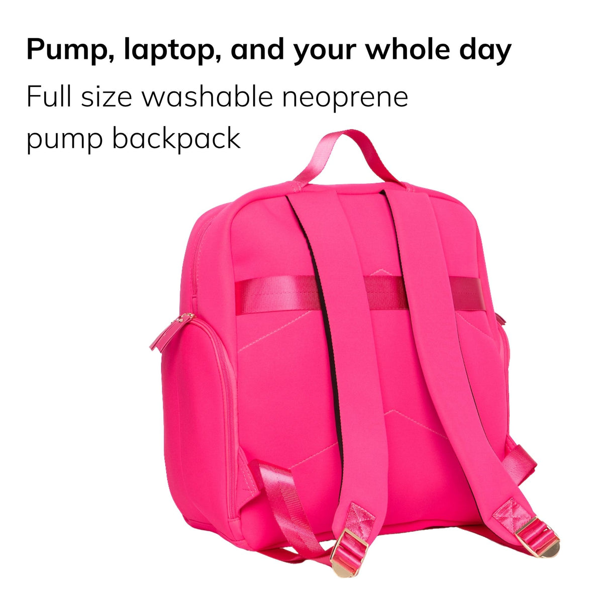 Sarah Wells Fiona pump backpack in hot pink back or three-quarter view, with the headline "Pump, laptop, and your whole day" and subhead "Full size washable neoprene pump backpack"