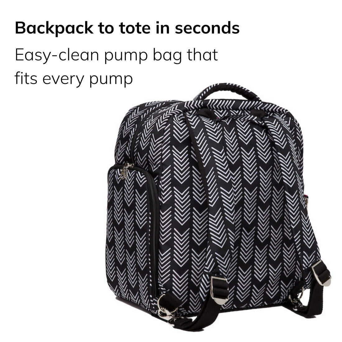 Sarah Wells Kelly pump bag in Sky, three-quarter view, with the headline "Backpack to tote in seconds" and subhead "Easy-clean pump bag that fits every pump"