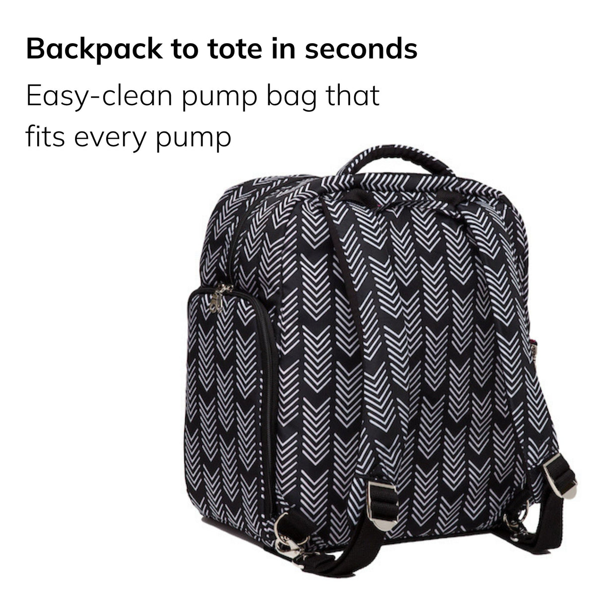 Sarah Wells Kelly pump bag in Sky, three-quarter view, with the headline "Backpack to tote in seconds" and subhead "Easy-clean pump bag that fits every pump"