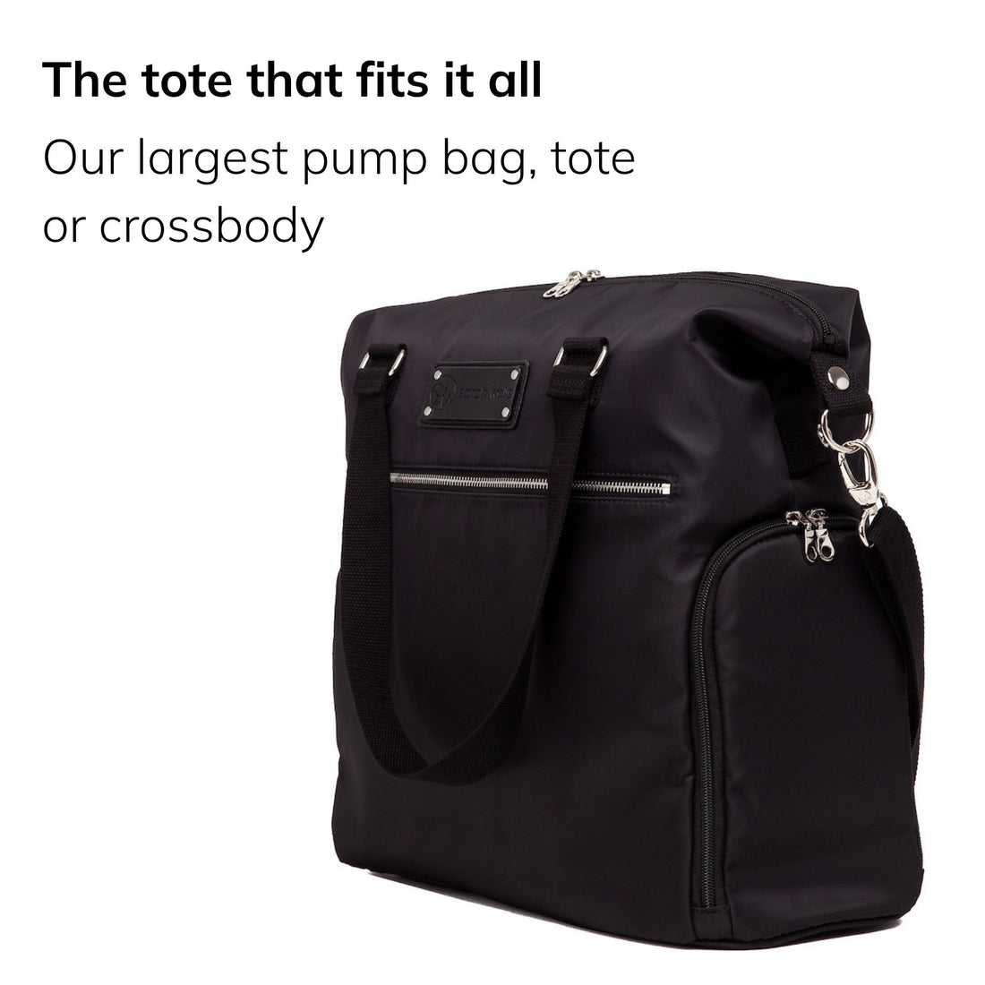 Sarah Wells Lizzy pump tote in Black, three-quarter view, with the headline "The tote that fits it all" and subhead "Our largest pump bag, tote or crossbody"
