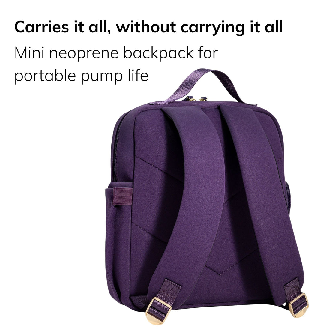 Sarah Wells Fifi mini pump backpack in Purple, three-quarter view, with the headline "Carries it all, without carrying it all" and subhead "Mini neoprene backpack for portable pump life".