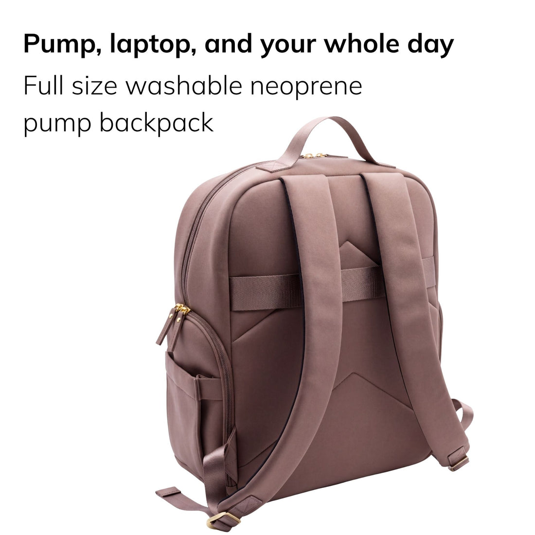 Sarah Wells Fiona pump backpack in Earth, back or three-quarter view, with the headline "Pump, laptop, and your whole day" and subhead "Full size washable neoprene pump backpack"