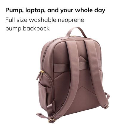 Sarah Wells Fiona pump backpack in Earth, back or three-quarter view, with the headline "Pump, laptop, and your whole day" and subhead "Full size washable neoprene pump backpack"