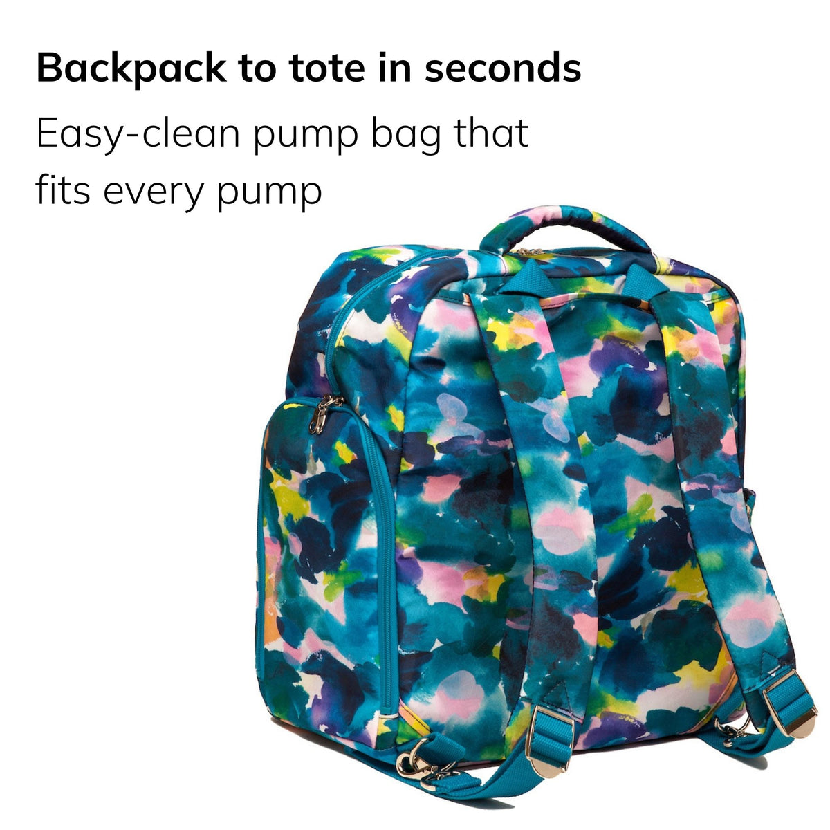 Sarah Wells Kelly pump bag in aquarelle, three-quarter view, with the headline "Backpack to tote in seconds" and subhead "Easy-clean pump bag that fits every pump"