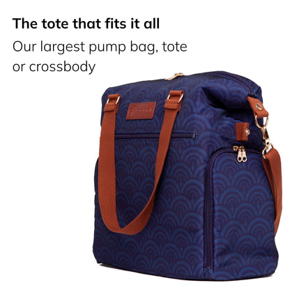 Sarah Wells Lizzy pump tote in Deco, three-quarter view, with the headline "The tote that fits it all" and subhead "Our largest pump bag, tote or crossbody"