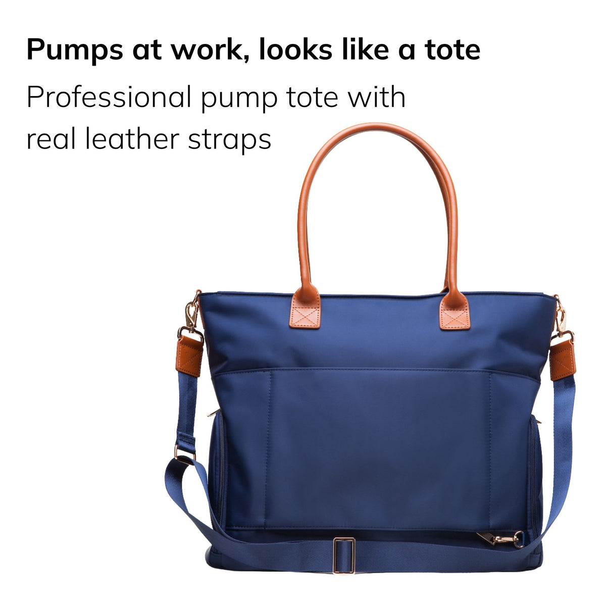 Sarah Wells Abby pump tote in navy, three-quarter view, with the headline "Pumps at work, looks like a tote" and subhead "Professional pump tote with real leather straps"