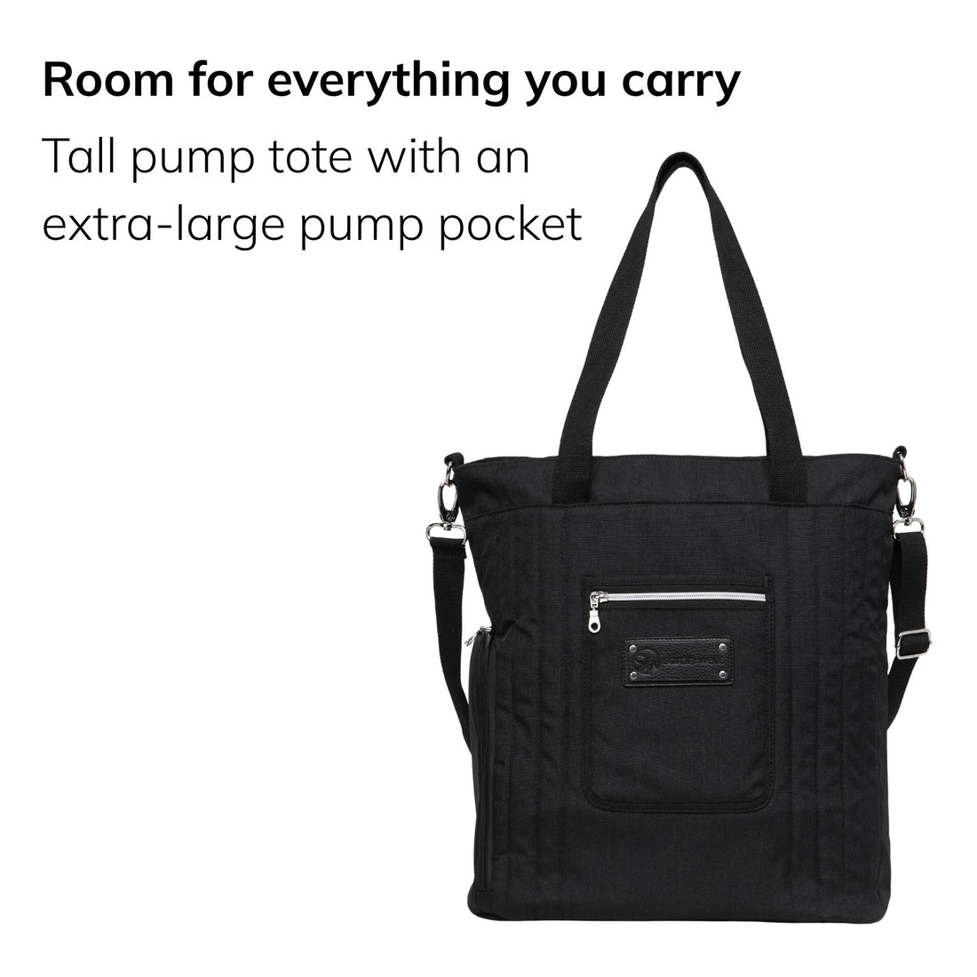Sarah Wells Suzy pump tote in Black, three-quarter view, with the headline "Room for everything you carry" and subhead "Tall pump tote with an extra-large pump pocket"