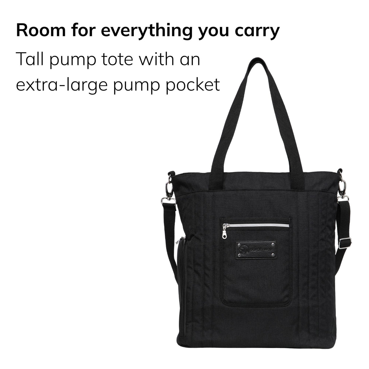 Sarah Wells Suzy pump tote in Black, three-quarter view, with the headline "Room for everything you carry" and subhead "Tall pump tote with an extra-large pump pocket"