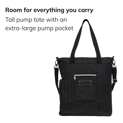 Sarah Wells Suzy pump tote in Black, three-quarter view, with the headline "Room for everything you carry" and subhead "Tall pump tote with an extra-large pump pocket"