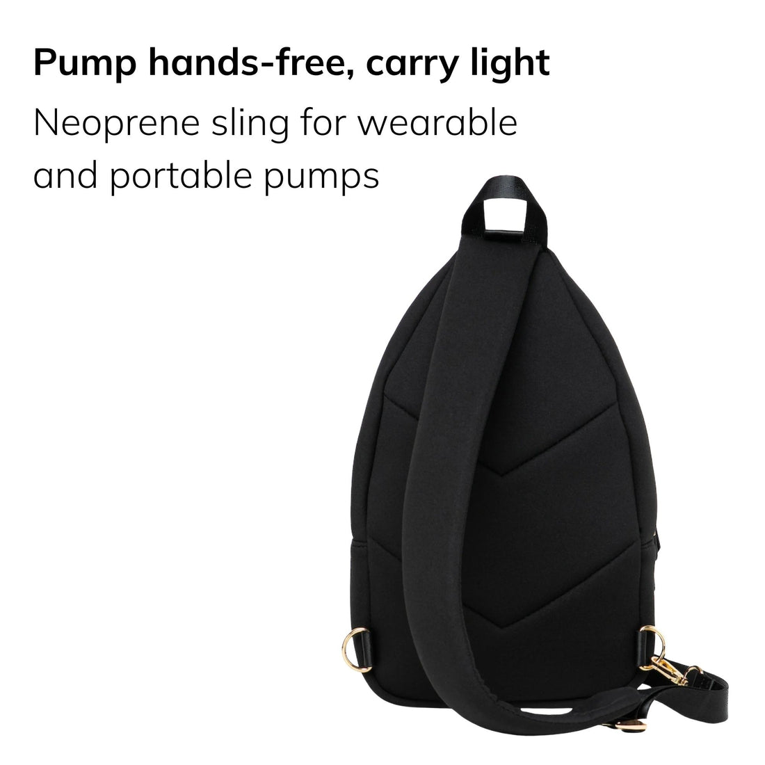 Sarah Wells Allie pump sling in Black, three-quarter view, with the headline "Pump hands-free, carry light" and subhead "Neoprene sling for wearable and portable pumps"