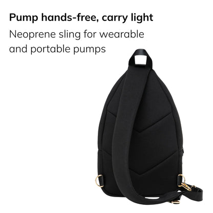 Sarah Wells Allie pump sling in Black, three-quarter view, with the headline "Pump hands-free, carry light" and subhead "Neoprene sling for wearable and portable pumps"