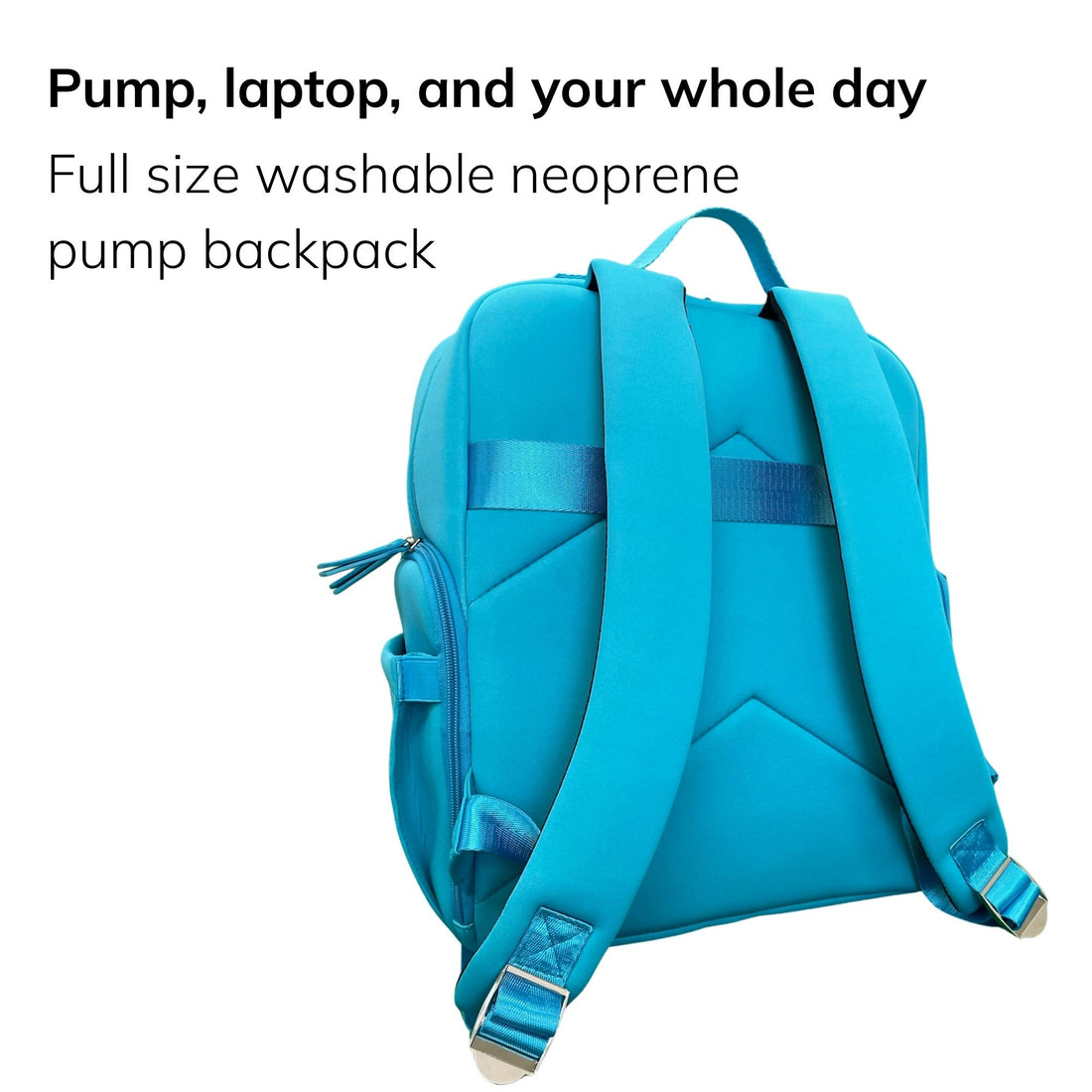 Sarah Wells Fiona pump backpack in Sky, back or three-quarter view, with the headline "Pump, laptop, and your whole day" and subhead "Full size washable neoprene pump backpack"