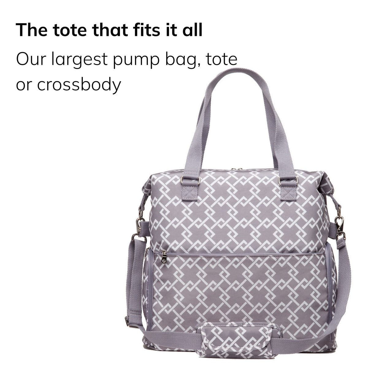 Sarah Wells Lizzy pump tote in gray, three-quarter view, with the headline "The tote that fits it all" and subhead "Our largest pump bag, tote or crossbody"