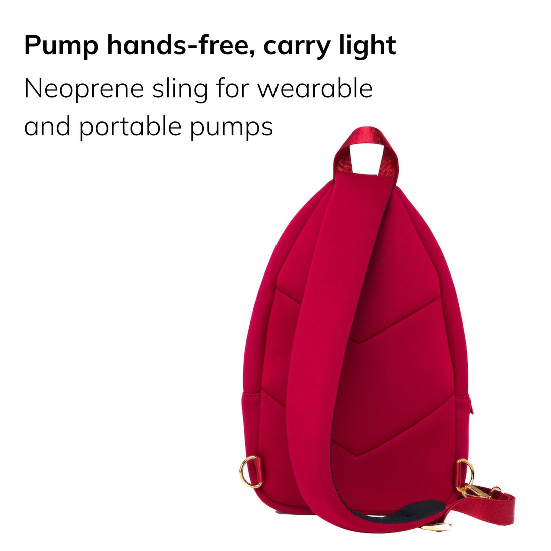 Sarah Wells Allie pump sling in Ruby, three-quarter view, with the headline "Pump hands-free, carry light" and subhead "Neoprene sling for wearable and portable pumps"