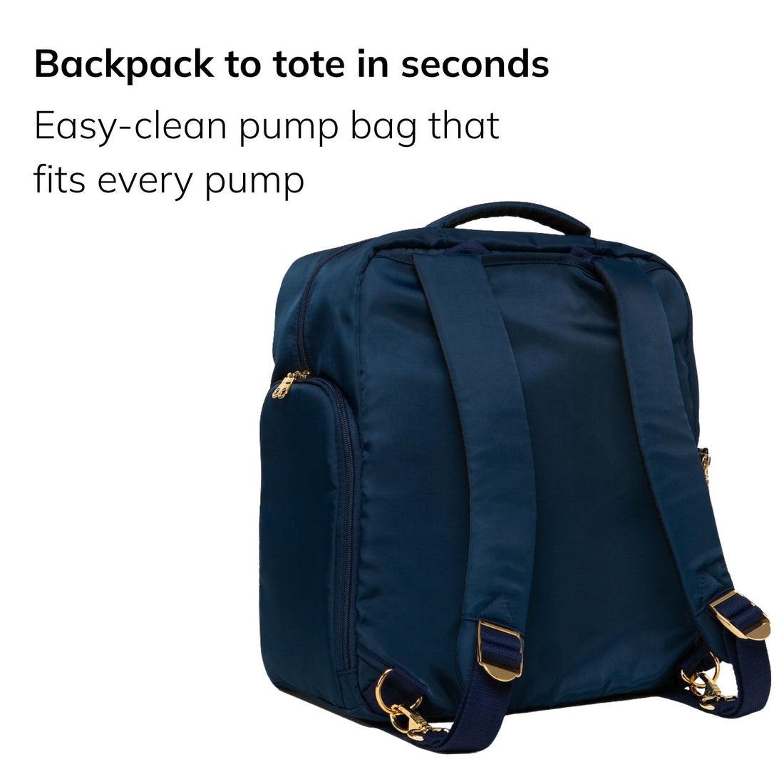 Sarah Wells Kelly pump bag in Indigo, three-quarter view, with the headline "Backpack to tote in seconds" and subhead "Easy-clean pump bag that fits every pump"