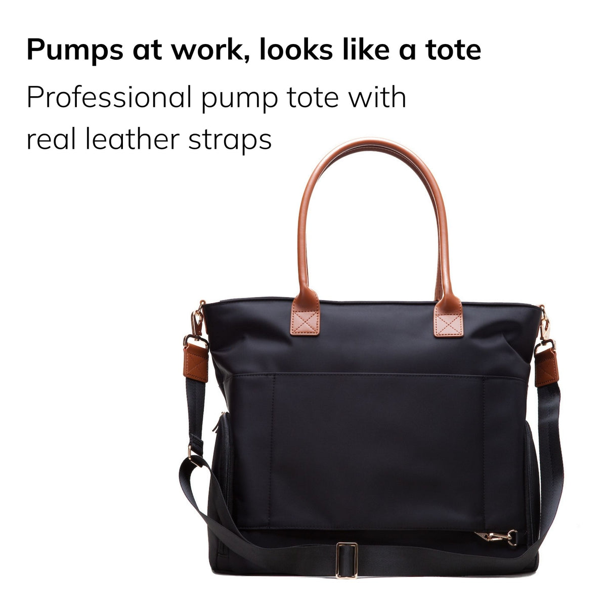 Sarah Wells Abby pump tote in black, three-quarter view, with the headline "Pumps at work, looks like a tote" and subhead "Professional pump tote with real leather straps"
