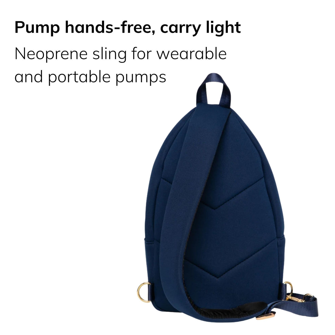 Sarah Wells Allie pump sling in Royal Blue, three-quarter view, with the headline "Pump hands-free, carry light" and subhead "Neoprene sling for wearable and portable pumps"