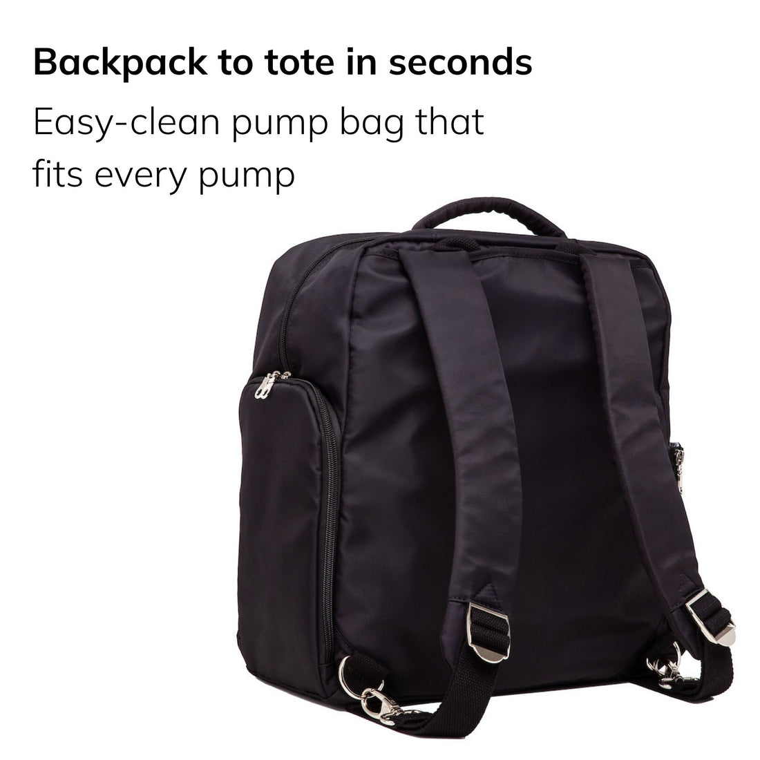 Sarah Wells Kelly pump bag in Black, three-quarter view, with the headline "Backpack to tote in seconds" and subhead "Easy-clean pump bag that fits every pump"