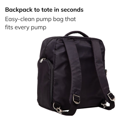 Sarah Wells Kelly pump bag in Black, three-quarter view, with the headline "Backpack to tote in seconds" and subhead "Easy-clean pump bag that fits every pump"