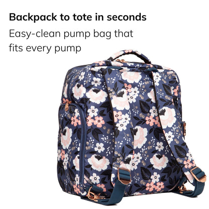 Sarah Wells Kelly pump bag in Le Floral,  three-quarter view, with the headline "Backpack to tote in seconds" and subhead "Easy-clean pump bag that fits every pump"