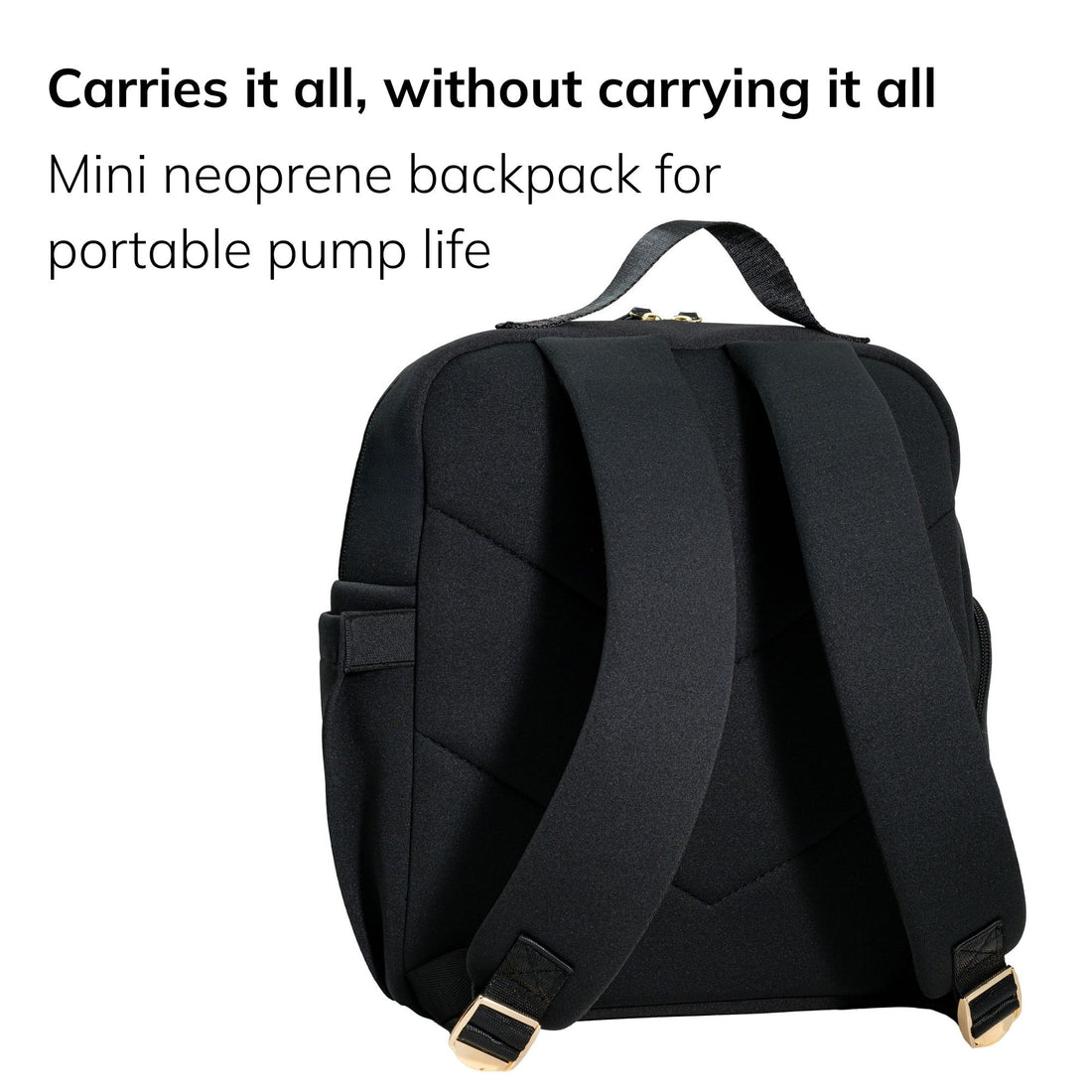 Sarah Wells Fiona pump backpack in black, back or three-quarter view, with the headline "Pump, laptop, and your whole day" and subhead "Full size washable neoprene pump backpack"