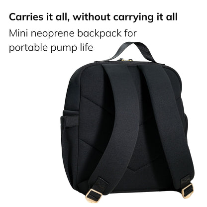 Sarah Wells Fifi mini pump backpack in black, three-quarter view, with the headline "Carries it all, without carrying it all" and subhead "Mini neoprene backpack for portable pump life"